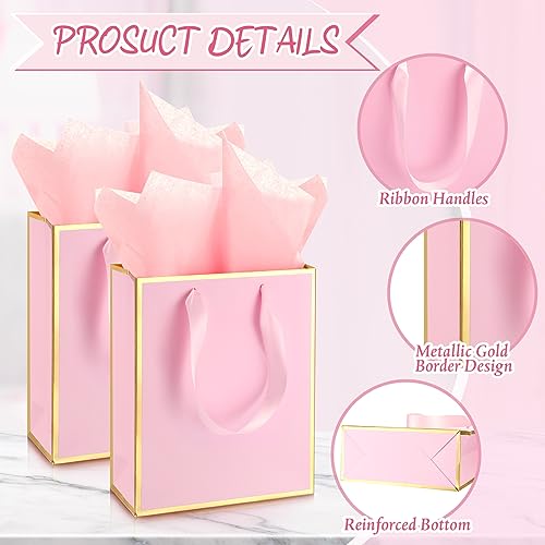 Image of Yeaqee 24 Pack Metallic Paper Gift Bag with Tissue, Pink Gold | with Satin Ribbon Handle and Tissue, 9x7x3.1 Inch, Suit Business, Birthday, Christmas, Thank You Return Gifts Bags
