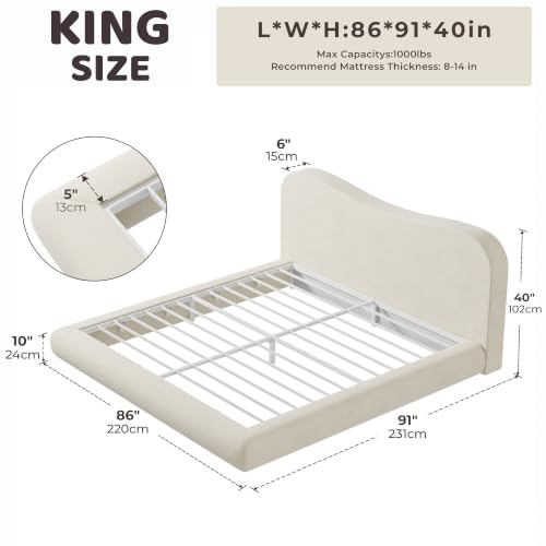 Image of RECCI AirFrame King Upholstered Bed Frame with Camelback Curved Headboard