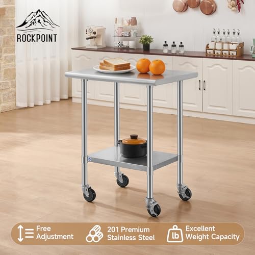 Image of ROCKPOINT All Stainless Steel Prep Table with Caster 24x30 Inch, Commercial Heavy Duty Workbench with Stainless Legs & Adjustable Undershelf, 710 lb Capacity for Outdoor Kitchens with Wheel