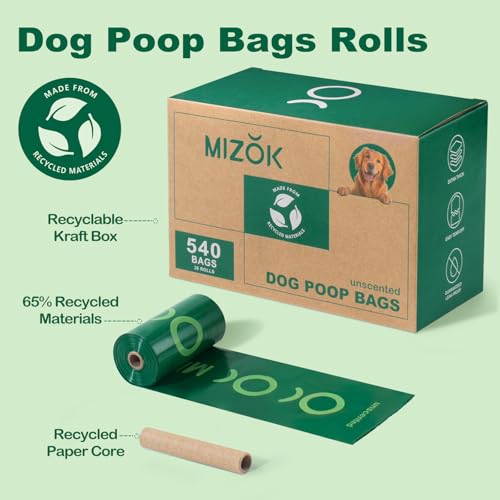 Image of MIZOK Dog Poop Bags Rolls, 540 Count, 65% Recycled Material Poop Bags for Dogs, Leakproof, Extra Thick Durable and Easy Tear-Off, Unscented