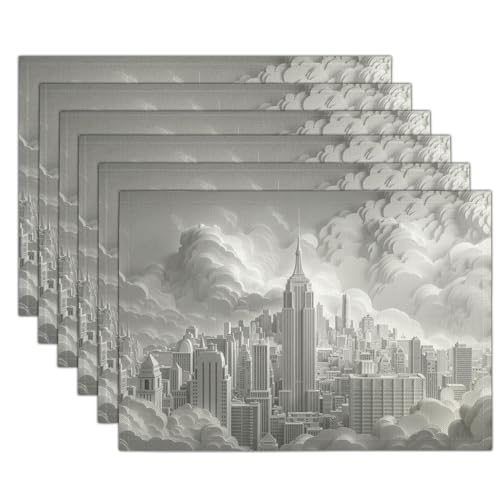 Juego de 8 Manteles Individuales Horizonte La Ciudad Nueva York de Algodón y Lino, Salvamanteles Individuales Recorte Papel Blanco Decoración para Cocina, Vacaciones, Fiesta, 45 x 30 cm, Gris Claro