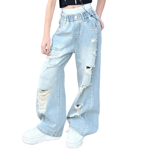 Girl's Elastic High Waist Ripped Baggy Jeans Wide Leg Distressed Denim Pants Kids Streetwear Cute Cotton Fall Clothes