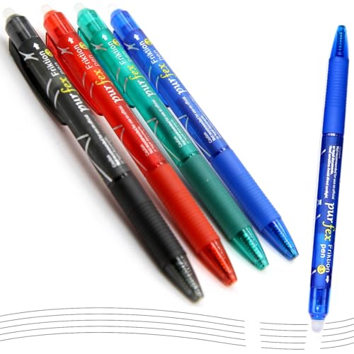 Purfex 4 Pcs Erasable Gel Pens-Clicker Retractable Rub out Friktion Pens with Erasers 0.5 mm Erasable Writing Accessory Perfect for School Supplies and Office Stationery-Assorted Colors