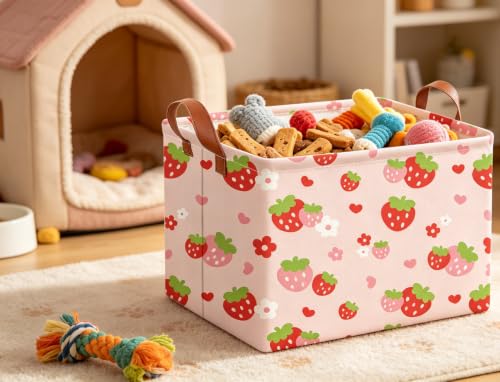 Image of Rectangle Storage Basket with Handles,Collapsible Storage Bin,Books Box,Gift Basket(Strawberry)