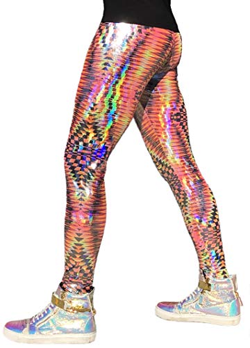 Revolver Fashion / Funstigators Festival Clothing: Men's Holographic Disco Meggings - Made in USA (Dazzle Orange, Large)