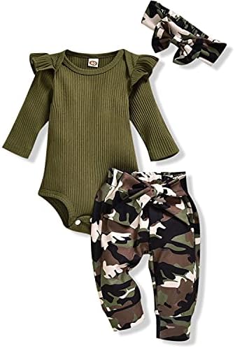 Aalizzwell Newborn Infant Baby Girls Clothes Ribbed Romper Bodysuit Army Green Pants Set Fall Winter Outfits (Camouflage, Preemie)
