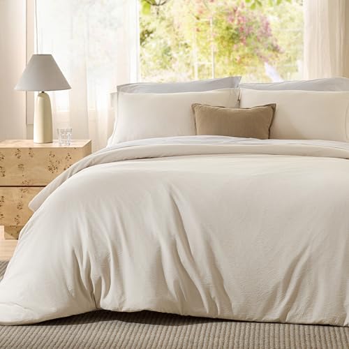 Bedsure Textured Duvet Cover Queen Size - Cotton-Like Polyester Jacquard Duvet Cover Set for All Seasons - 3 Pieces Elevated Textured Dobby Soft Bedding Set, NO Comforter (Beige, Queen, 90"x 90")