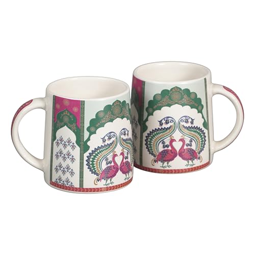 Image of miah decor Neelmayur Royale Collection Handcrafted Ceramic Coffee Cups Set of 2 | Mughal Peacock Design Tea & Coffee Mugs | Green & Maroon on Cream Base | Microwave & Dishwasher Safe