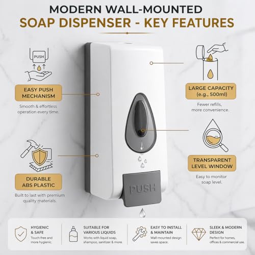 Image of Premium Wall Mounted Soap Dispenser | Elegant Design with Refillable Bottle | Liquid Hand Wash Dispenser for Bathroom & Kitchen | Manual Push Button Operation White