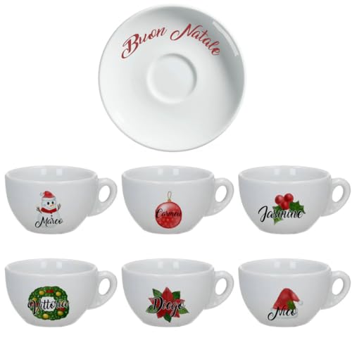 Buon Natale Set 6 Tazzine da Caffè con Piattini in Ceramica Personalizzati con Nomi e Scatola Rossa a Tema Natalizio Idea Regalo Originale Feste Cucina Prima Colazione Mattina Arredo Casa Tavola