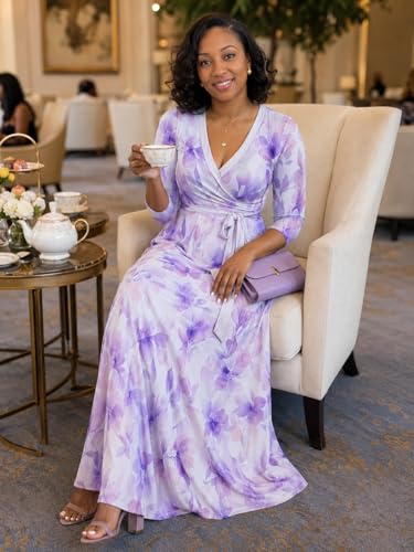 Image of PinkPatty Plus Size Maxi Dress for Women Casual V Neck 3 /4 Sleeve Boho Printed Long Dress with Pockets