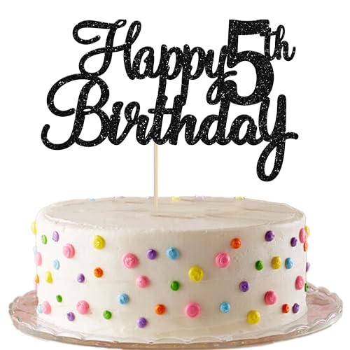 Gyufise 1Pc Happy 5th Birthday Cake Topper Glitter 5th Birthday Cake Pick Cheers to 5 Years Old Five Fabulous Cake Decorations for 5th Birthday Theme Party Supplies Black