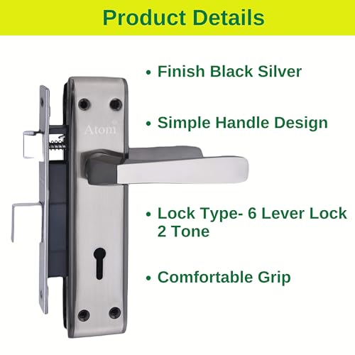 Image of Atom Heavy Duty Mortise Door Lock for Bedroom, Living Room, Main Door, Black Silver Finish | 3 Keys | 6 Lever Double Stage Lockset for House Hotel Office(1002KY)