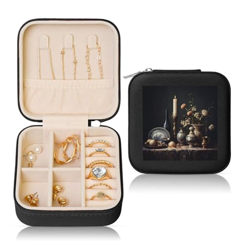 PHAYAH Mini boîte à bijoux de voyage en porcelaine bleue et blanche, présentoir portable avec bagues, boucles d'oreilles, colliers, bracelets de rangement, noir