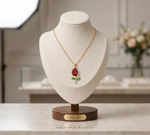 Image of Gold-Tone Rose Pendant Necklace for Women with Red Crystal, Floral Charm Chain Stainless Steel Anti Tarnish Waterproof Hypoallergenic, Gift for Her