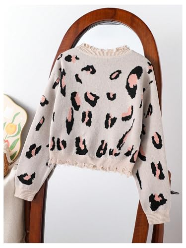 WDIRARA Girl's Leopard Print Sweater Distressed Crew Neck Long Sleeve Pullover Knitwear2