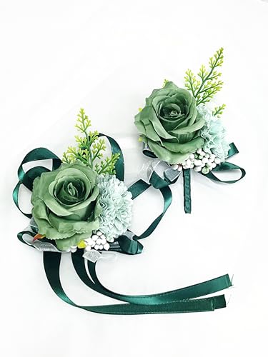 DESUNESS 2 Dark Green Rose Flower Wrist Corsage Boutonniere Set,Silk Flower for Bride Hand Flower Men Boutonniere,Bridal Wrist Flower Hand Flower Prom Party Homecoming Bridesmaid