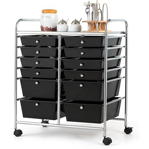 OFFICEJOY Storage Cart, 12 Drawer Rolling Organizer Cart with Large Capacity, Portable Carrying Handle & Lockable Wheels, Utility Cart for Tool Home Office School Beauty Salon Art Craft (Black) Cover