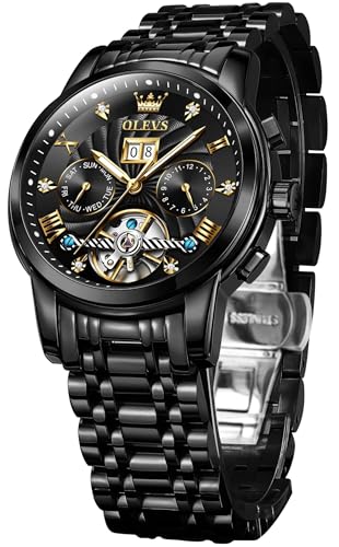 Image of OLEVS Self Winding Watches for Men Automatic Mechanical Skeleton Luxury Dress Waterproof Moon Phase Tourbillon Chronograph Stainless Steel Luminous Wristwatch