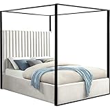 Meridian Furniture JaxCream-K Jax Collection Modern | Contemporary Velvet Upholstered King Bed, Cream Velvet, Deep Channel Tufting, Matte Black Steel Canopy, 82' W x 86.5' D x 78.5' H, Cream, King