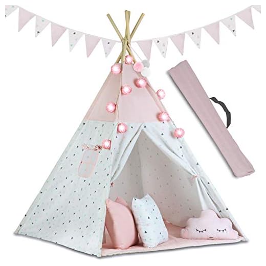 Ricokids Tipi 740002 - Tienda de campaña Infantil de algodón, con 3 Cojines, Guirnalda y colchón, Color Rosa