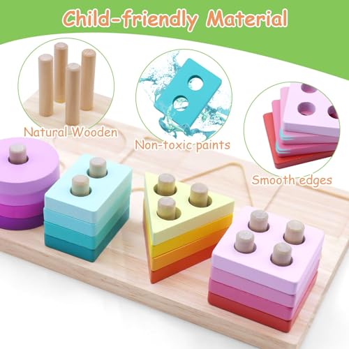 Humerry Wooden Sorting and Stacking Toy for Kids, Montessori Toys for 1 2 3 Year Old Boys Girls, with Magnetic Fishing Game, Early Educational Shape Sorter Toy Gift