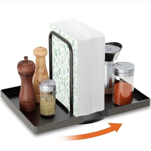 Napkin Holder for Table, Rotating Napkin Dispenser with Salt and Pepper Shakers Storage, Metal Paper Towel Holder for Table, Kitchen Countertop, Dining Table Decor Black Not Including Shakers