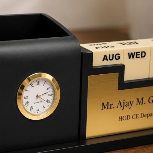 Image of Teak Wood Personalized Wooden Pen Stand Desk Organiser With Pen Stand For Office Table Stylish,Elegant Gift For Boss,doctors,male Corporate Gifts|Includes Calendar & Watch Stand,Stationary,Black