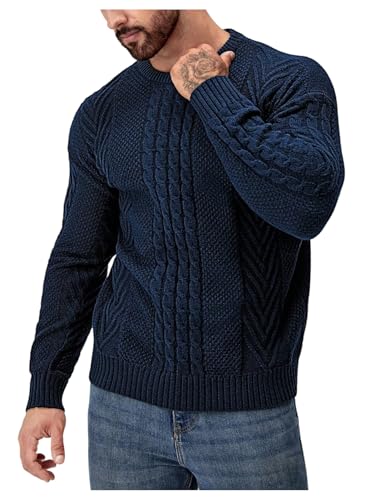 WDIRARA Men's Cable Knit Sweater Crew Neck Long Sleeve Pullover Casual Knitted Tops