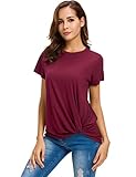 Women's Loose Fitting Tops Fashion Casual T-Shirts Comfy Twist Knot Front Tunics, Wine Red, XX-Large