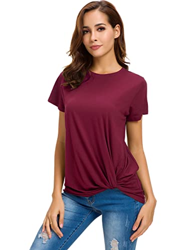 Women's Loose Fitting Tops Fashion Casual T-Shirts Comfy Twist Knot Front Tunics, Wine Red, XX-Large