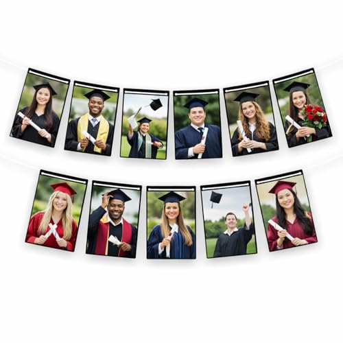 Image of Velunza Graduation Photo Banner with Hanging Rope, Congrats Grad Party Decoration, DIY Picture Display Garland for College School Graduation Celebration, Wall Hanging Memory Banner Kit
