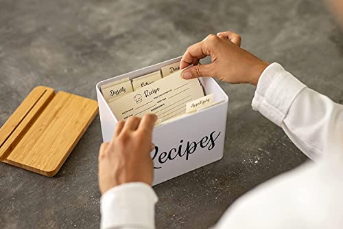 Recipe Box With Cards And Dividers - White Metal Body, Wooden Lid With Phone Holder And Recipe Card Holder - Includes Set Of 150 High Quality 4X6 Index Cards And 15 Cute Dividers #TOP2
