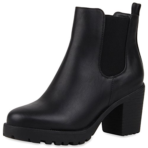 SCARPE VITA Damen Stiefeletten Chelsea Boots Profilsohle Blockabsatz Schuhe 164143 Schwarz 40