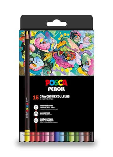 POSCA - Pencil Pochette 15 Couleurs - Crayons de Couleur à Base d'Huile et Cire - Forte Intensité Chromatique - Multisupports - Rendu Mat et Superposable -...