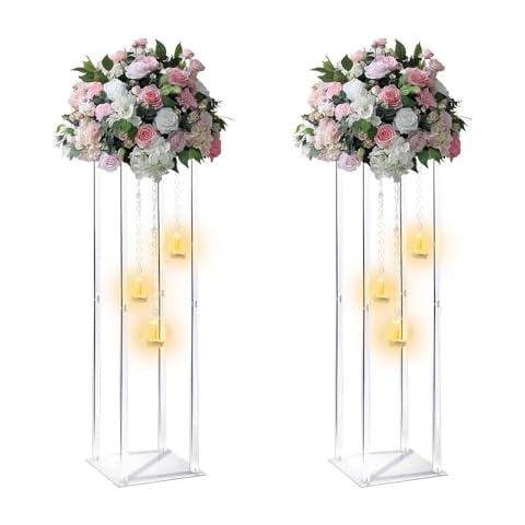 Clear Acrylic Vases Flower Stand Wedding Centerpieces with Hanging Glass Tealight Globe Candle Holders for Event Party Table Decoration Display Rack Column (2, 32 inch) Cover