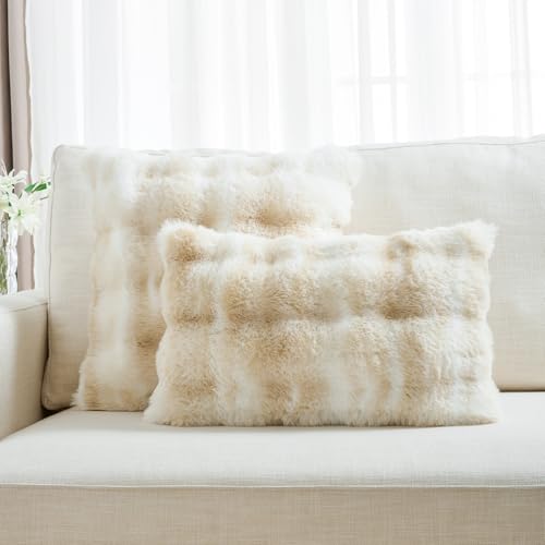 FUTEI Beige White Decorative Throw Pillow Covers 24x24 Inch Set of 2,Soft Fuzzy Faux Rabbit Fur European Cushion Covers with Raised Texture,Neutral Boho Home Decor for Couch Bed Living Room