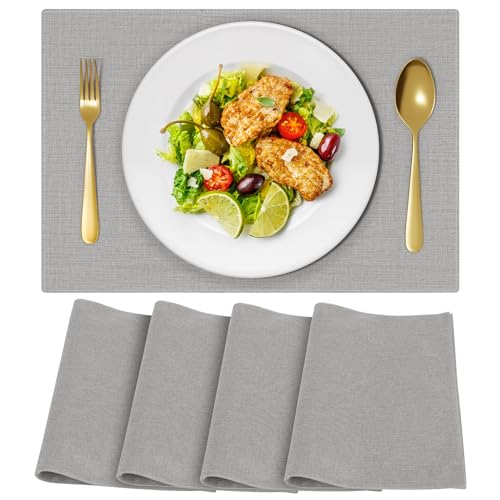 OSUASN Cloth Placemats, Set of 4 Heat-Resistant Cotton Linen Blend Double Layered Machine Washable Place Mats, Wrinkle Free Thick Fabric Dining Table Mats for Indoors & Outdoors (Light Grey, 4) by OSUASN - Used condition - US$14.61