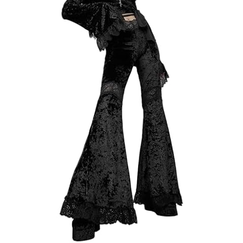 FEOYA Womens Gothic Flared Velvet Trousers Black M High Waisted Bell Bottoms See Through Lace Flare Trousers Cover