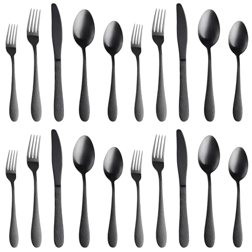 Image of aDai Hammered Matte Black Silverware Set | 20-Piece Premium Stainless Steel Flatware Set | Dishwasher Safe Cutlery Set for Home, Restaurant & Gifting