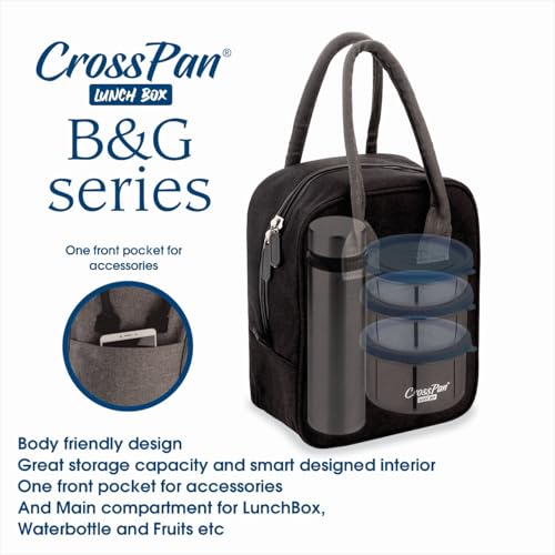 Image of Black Lunch Bag with Stainless Steel Containers, 200ml, 350ml, 500ml, 750ml Bottle