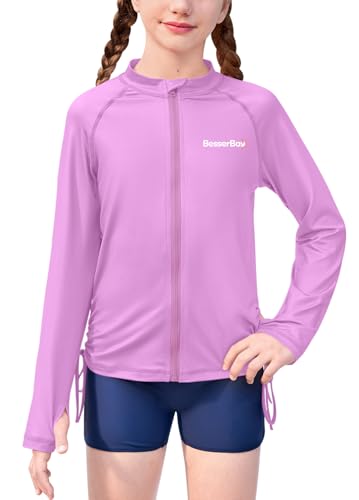 Image of BesserBay Girls Rash Guard UPF 50+ Zip Up Raglan Long Sleeve Adjustable Drawstring Swim UV Jacket 4-14 Years