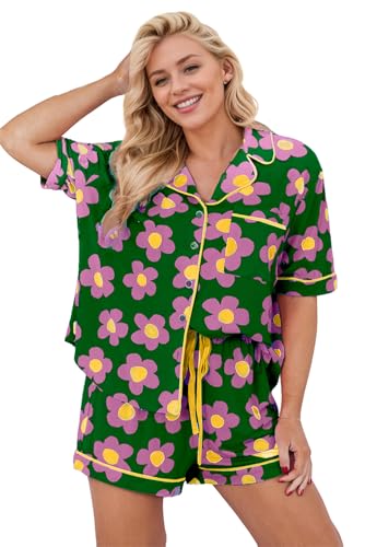 Image of KevaMolly Women Floral Notch Collar 2 Piece Holiday PJ Set | Print Short Sleeve Top, Drawstring Soft Vacation Sleep Shorts
