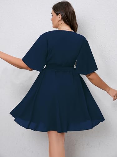 Image of SCOMCHIC Women's Plus Size Summer Dresses Short Sleeve Wrap V Neck A Line Skater Mini Short Dress XL-4XL