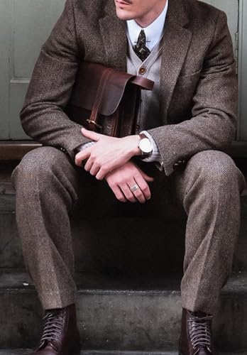 Mens Tweed Dress Pants Pleated Slim Fit Slacks with Button-Zipper Closure for Wedding4