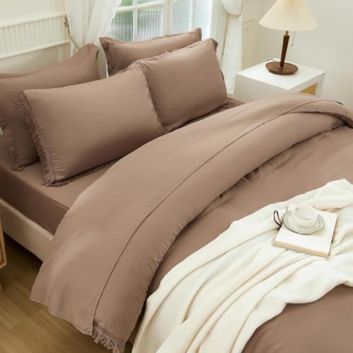 Image of Andency Oversized King Comforter Set with Sheets 128x120 Taupe - 7 Pieces Bed in a Bag Boho Soft Lightweight Bedding Sets, Tassel Bed Set with Comforter, Sheets, Pillowcases & Shams