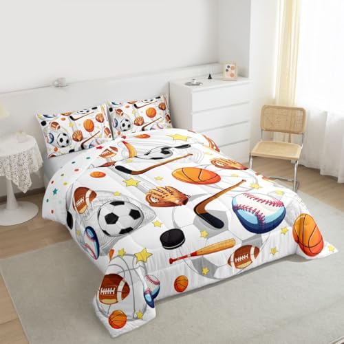 Image of Feelyou Soccer Basketball Comforter Set King Size Football Baseball Hockey Bedding Set for Kids Boys Girls Gaming Sports Duvet Quilt Bedroom Decor Microfiber 3 Pcs with 2 Pillow Cases