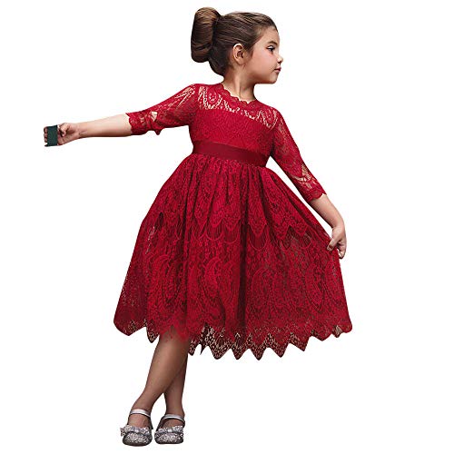Allence Kinder Kleider, Kleinkind Kinder Schöne Baby Mädchen Spitze Blume Prinzessin Tüll Party Pageant Kleider Kleidung 2T-6T Kinder Ärmel Kleid Spitze Geburtstagskleider (130, Rot) Cover