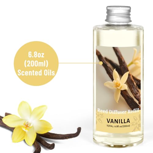 Image of STRN Reed Diffuser Oil Refill, Vanilla Scented Diffuser Oil Refills with 6 Reed Sticks 200ML(6.8fl.oz), Room Fresheners for Home, Long-Lasting Summer Fragrance for Living Room, Bedroom, Office