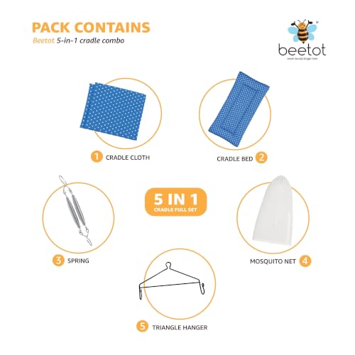 Image of Baby Swing Cradle (Jhula) for Newborns - Cloth Cradle with Removable Mattress, Mosquito Net, Spring & Triangle Hanger | Up to 15 kg | (Dark Blue)